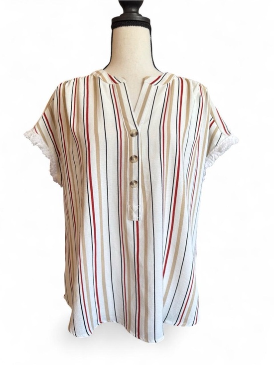 Como Black Tops - Como Black Vertical Striped Fringe Sleeve Henley V-Neck Blouse Boho Size L